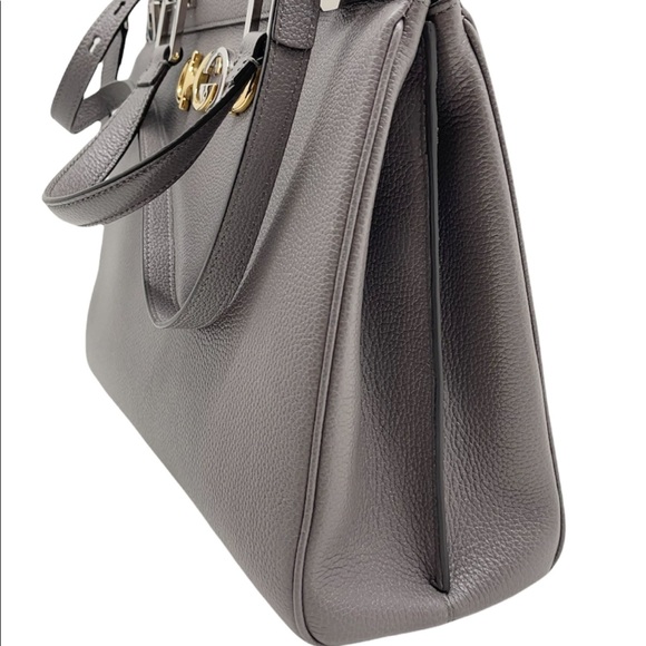 Gucci New GG Zumi Logo Horsebit Grain Leather Top Handle Purse/Grey Shoulder Bag - Picture 6 of 12